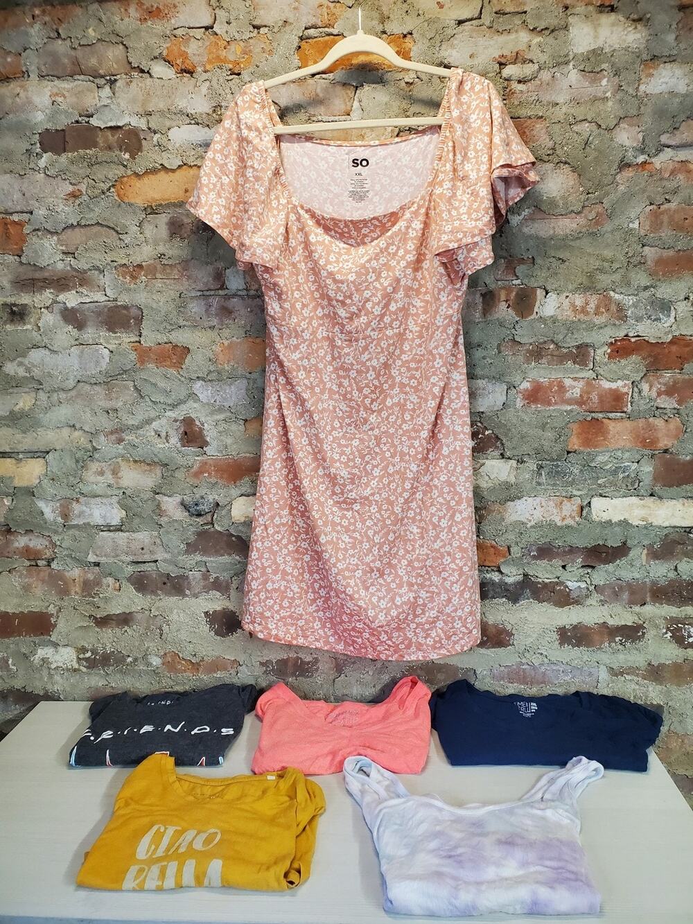 SO Womens Dress XXL Peach Floral Print Flutter Sleeve Shirts Top Plus Size